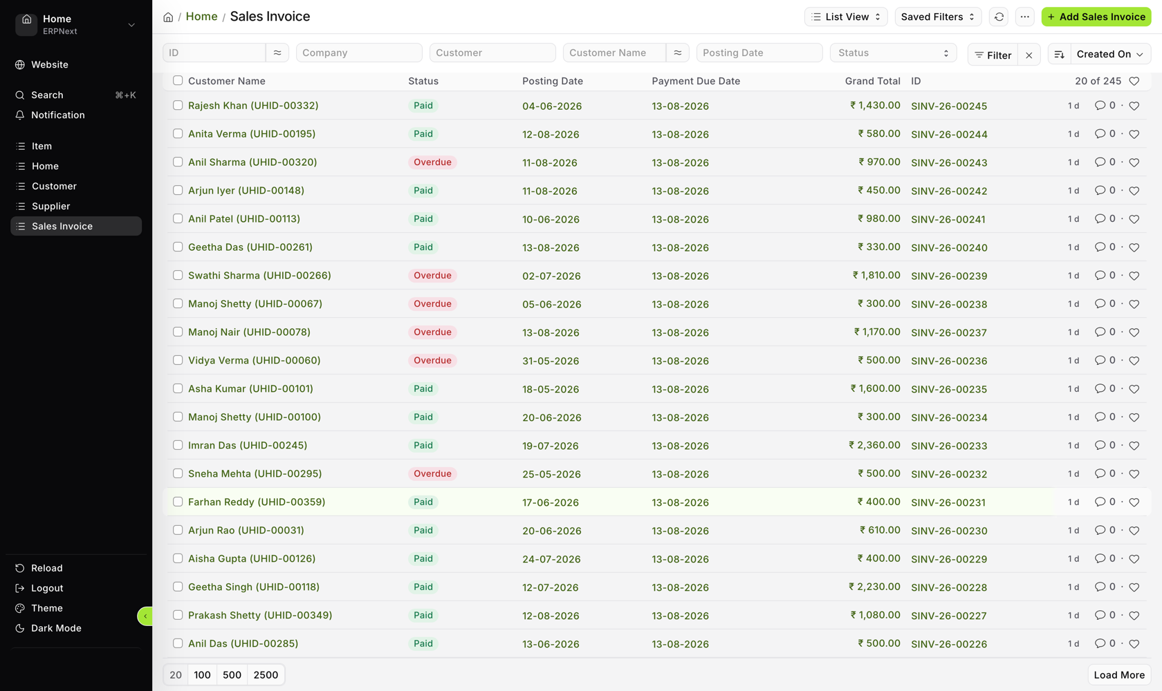 ERPNext Sales Invoice list generated automatically from patient bills